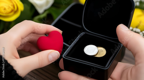 Couple holding red heart and coin jewelry gift box, flowers in background, romantic proposal scene, perfect for Valentine's or anniversary cards.