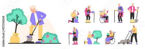 Set of elderly people are working in the garden, including men and women trimming bushes, cutting grass, planting, digging, and watering