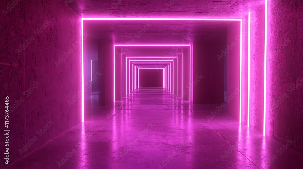 Fototapeta premium Pink Neon Lights Illuminate a Concrete Corridor