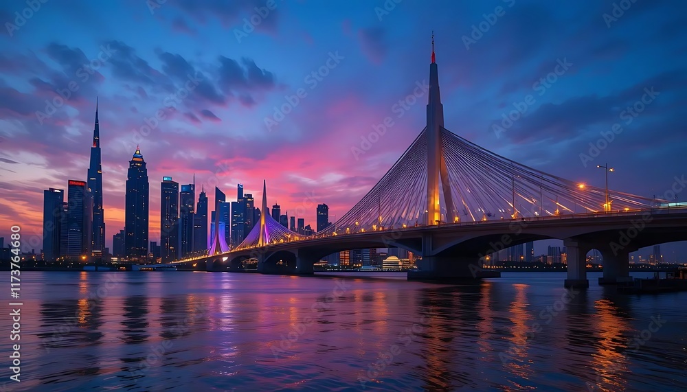Obraz premium City Skyline Bridge Twilight Evening Reflection