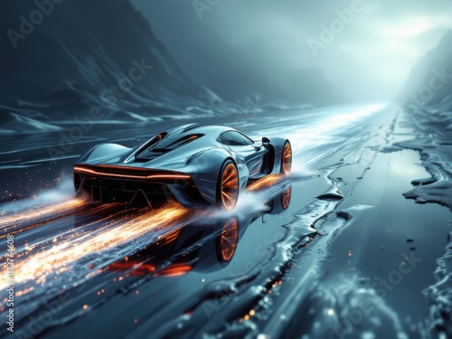 Futuristic Hypercar  Speeding on Wet Road with Dramatic Lighting