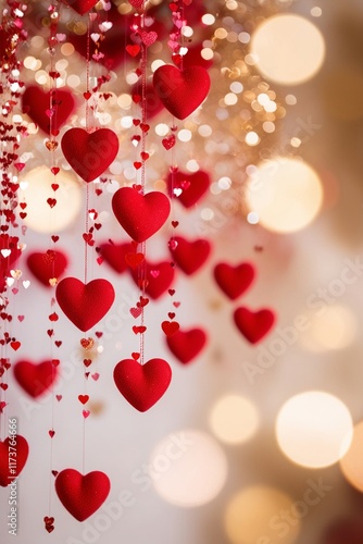 Valentine's Day Hanging Red Hearts Decoration. Valentine's Day Banner. Greeting card, Valentine's Day invitation.