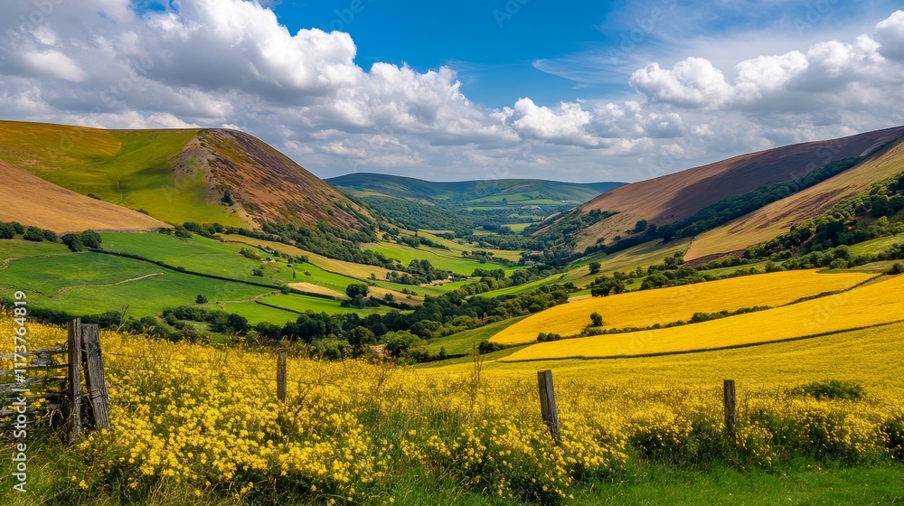 Obraz premium Breathtaking View of Rolling Hills and Vibrant Fields Under a Blue Sky in a Countryside Landscape