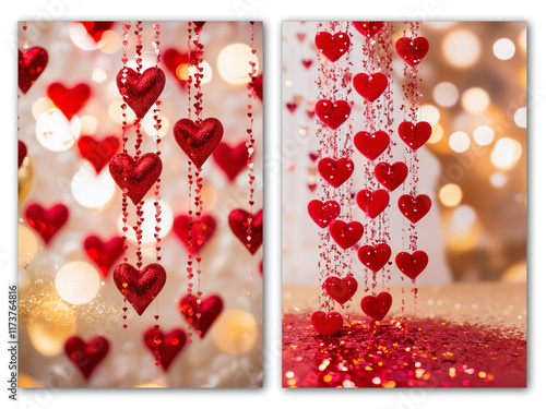 Set backgrounds with hearts. Hanging hearts. Valentine's Day Banner. Greeting card, Valentine's Day invitation.