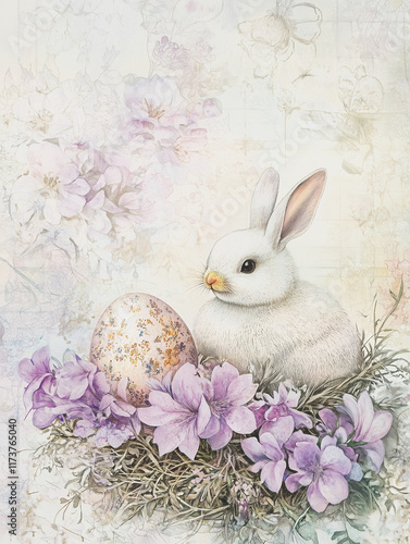 White rabbit with Easter egg in a floral nest