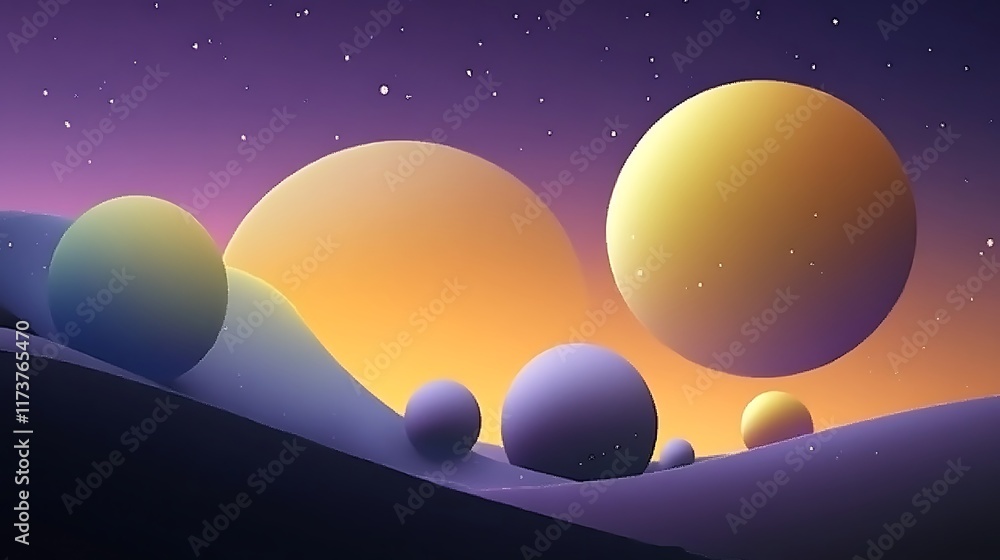 Celestial Bodies Across a Purple Landscape Under a Starry Sky Celestial Bodies Across a Purple Landscape Under a Starry Sky