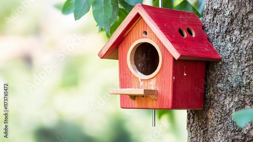 Charming Red Wooden Birdhouse on Tree Branch in Garden