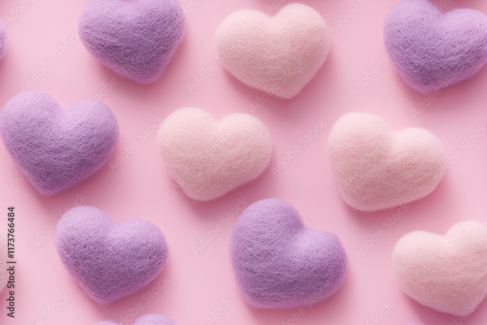 Fototapeta premium Festive horizontal banner with cute hearts made of felt, wool on pink background. Valentine's Day