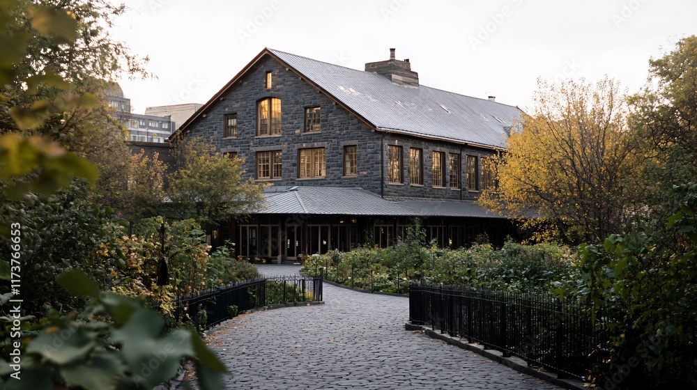 Stone Building Autumn Landscape Cobblestone Path Stone Building Autumn Landscape Cobblestone Path