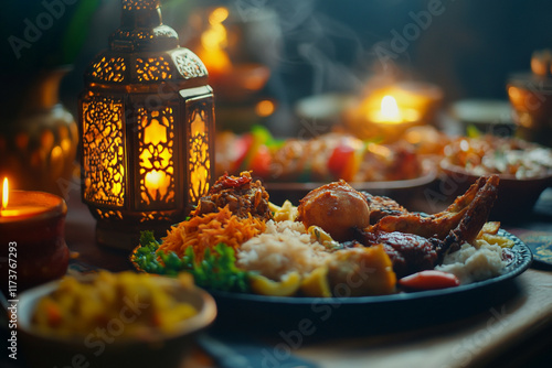 Eid al-Fitr Malay food spread with Nasi kandar and lantern warm festive mood photo