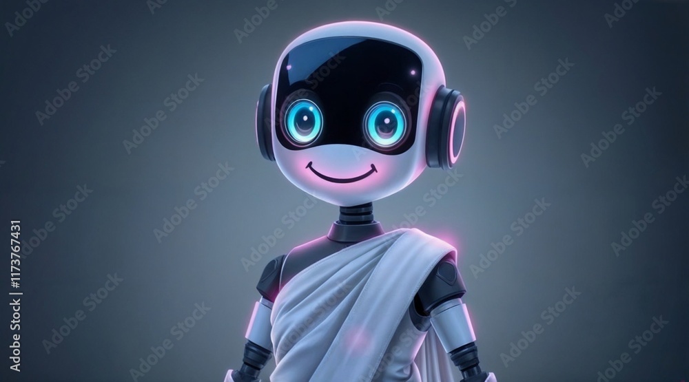 happy and smiling robot in sari isolated on gray backdrop with text space