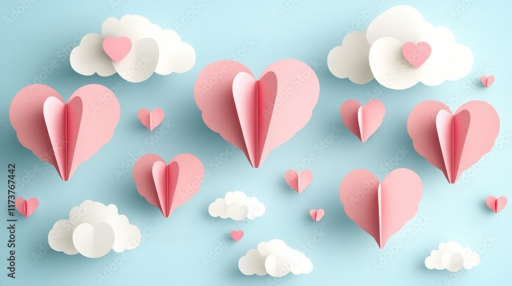 valentine's day background with paper hearts flying in the clouds valentine's day background with paper hearts flying in the clouds