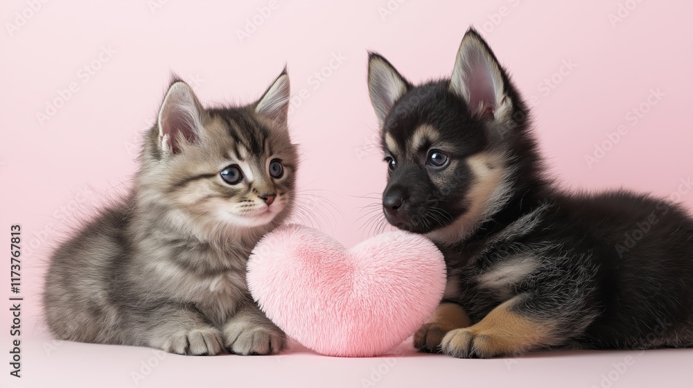 A kitten and a puppy gently touching noses beside a fluffy pink heart on a soft pink background A kitten and a puppy gently touching noses beside a fluffy pink heart on a soft pink background