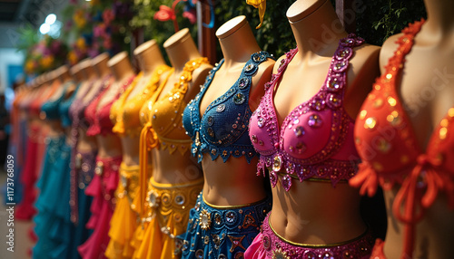 Colorful samba dresses on display in a vibrant shop during Carnaval in Brasil, showcasing a variety of samba attire photo