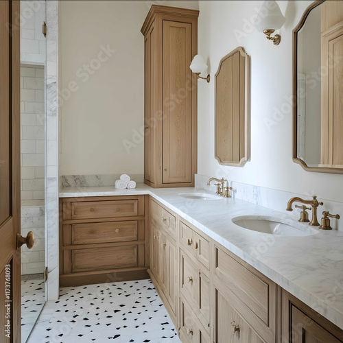 A farmstyle classic bathroom with white oak cabinets Zia clay tile walls and Zia marble black and white floors White marble countertops with a scalloped front edge ove photo