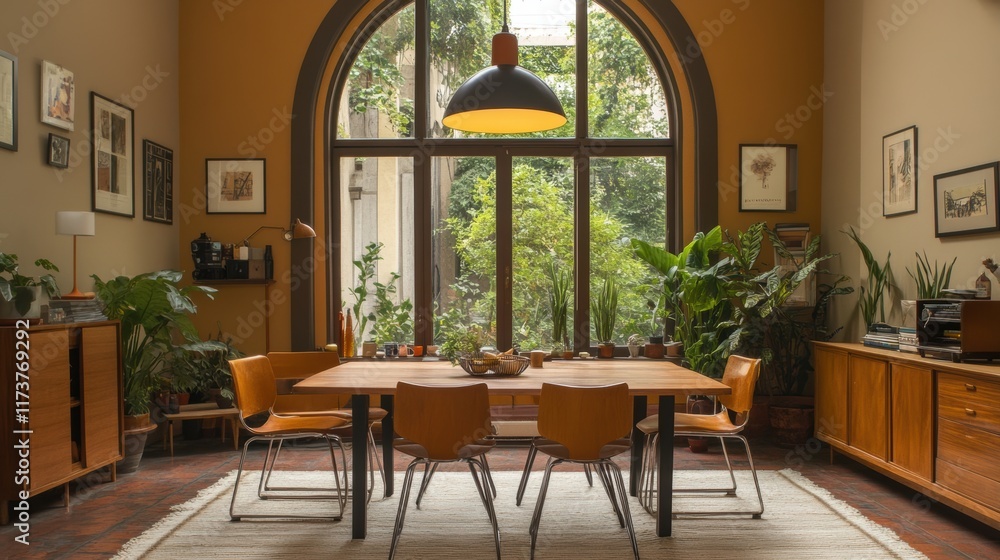 Fototapeta premium interior design styles, a diverse dining space featuring a blend of industrial metal chairs, a rustic wooden table, mid-century pendant lights, all under an arched window with neutral walls and room