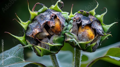 Closeup of Two Dying Sunflowers Seeds Heads photo