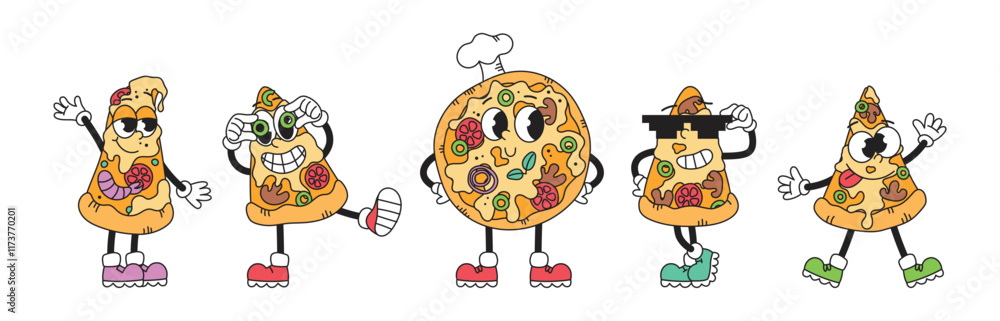 Naklejka premium Retro groovy set of fast food characters, pizza, pizza slices. Funny vintage mascots. Junk food. Isolated vector illustrations