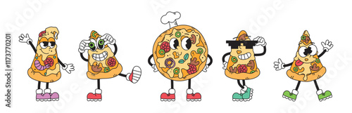 Retro groovy set of fast food characters, pizza, pizza slices. Funny vintage mascots. Junk food. Isolated vector illustrations