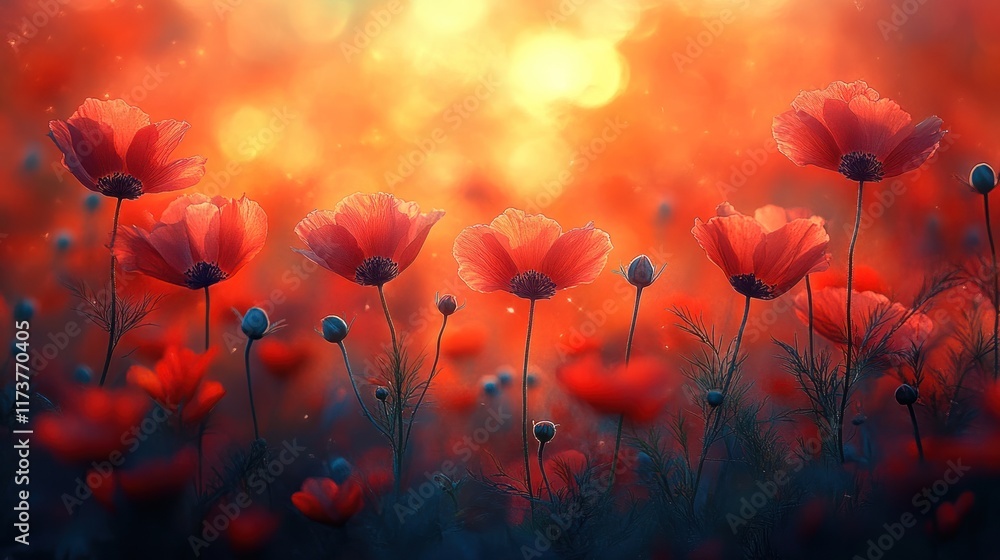 Obraz premium A vibrant field of red flowers against a soft, glowing background.