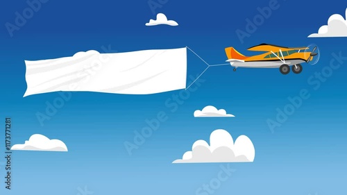 An airplane with a ribbon banner advertisement in the sky above the clouds. 4k animation.looped.