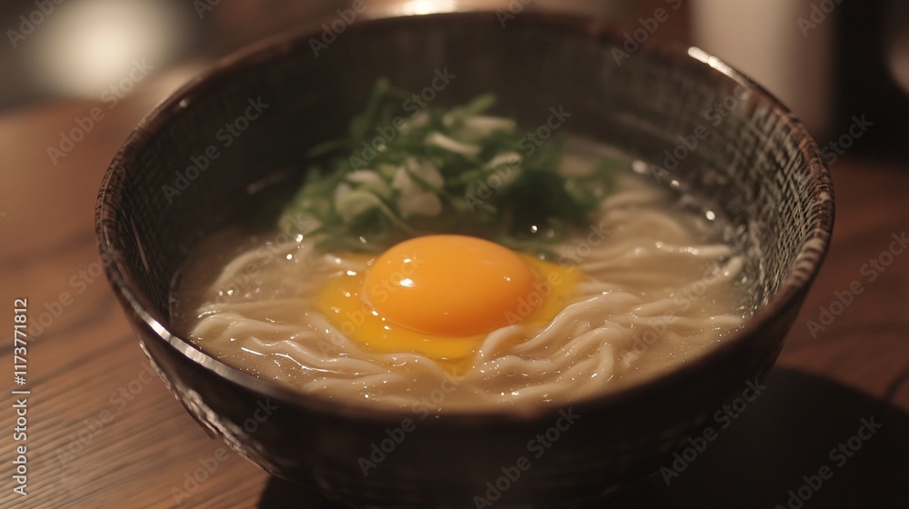 Delicious Ramen Noodles Soup with Egg Yolk and Green Onions Delicious Ramen Noodles Soup with Egg Yolk and Green Onions