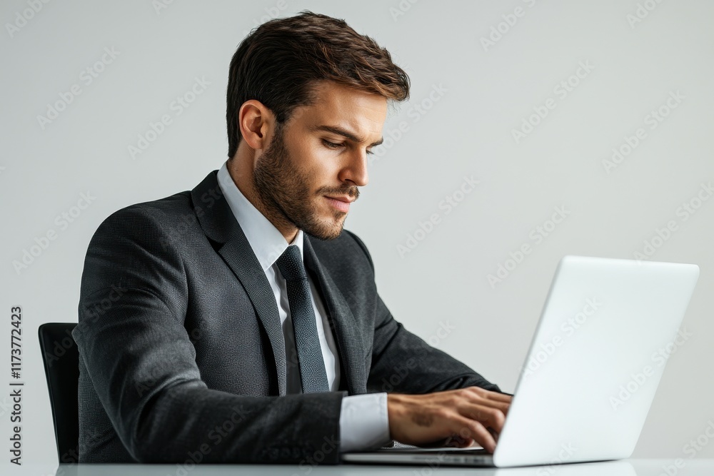 Professional man working on a laptop in a suit at a modern office setting during the daytime Professional man working on a laptop in a suit at a modern office setting during the daytime