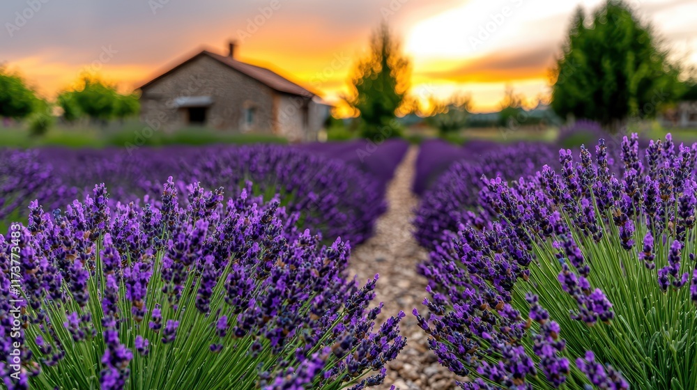 Fototapeta premium A picturesque lavender field at sunset, featuring vibrant purple flowers with a rustic house in the background, creating a serene and calming atmosphere.