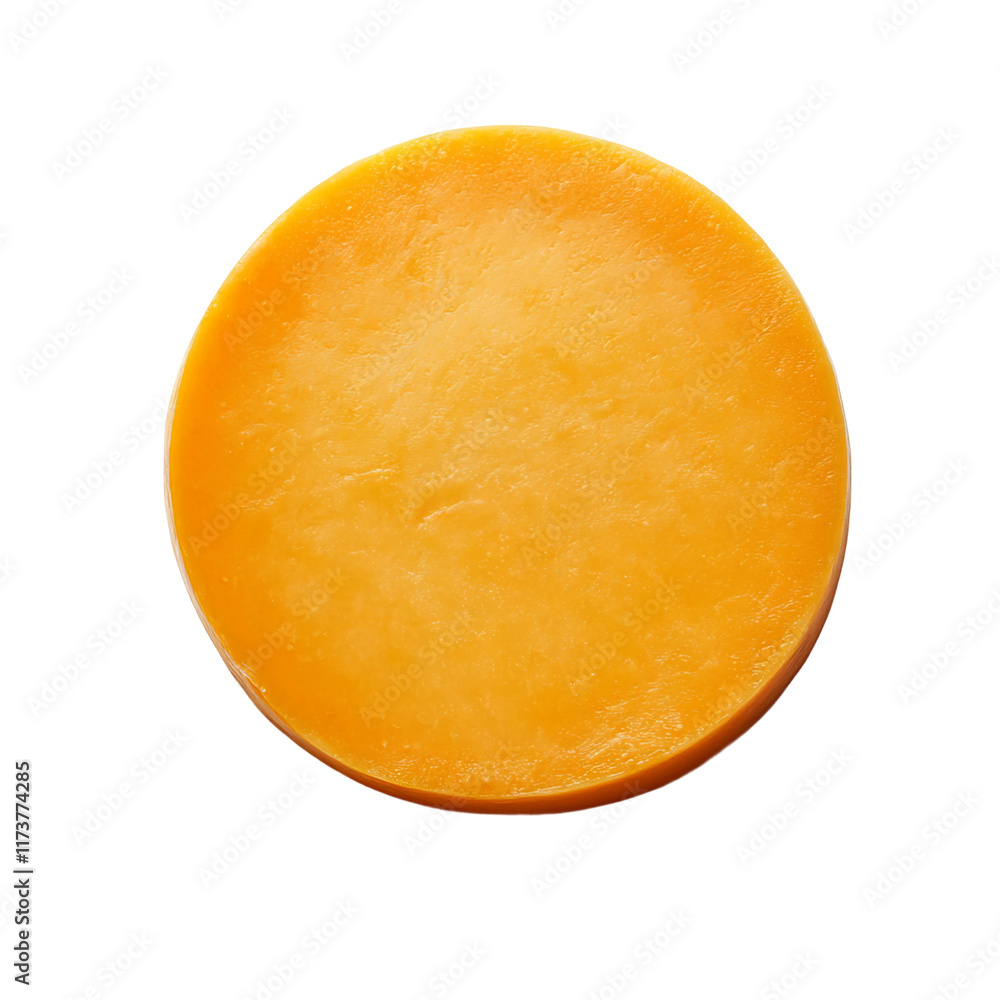 Circular Cheddar Cheese Delight: A top-down shot unveils a perfectly circular slice of cheddar cheese, its vibrant color and smooth texture. Circular Cheddar Cheese Delight: A top-down shot unveils a perfectly circular slice of cheddar cheese, its vibrant color and smooth texture.
