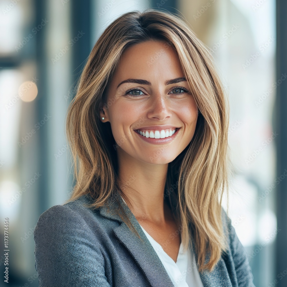 Fototapeta premium Smiling Woman With Long Hair in a Grey Blazer Stands Confidently in a Modern Office Setting During Daylight Hours