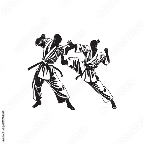 A print of two black silhouettes depicting karate fighters executing,Vector IllustrationKarate 
