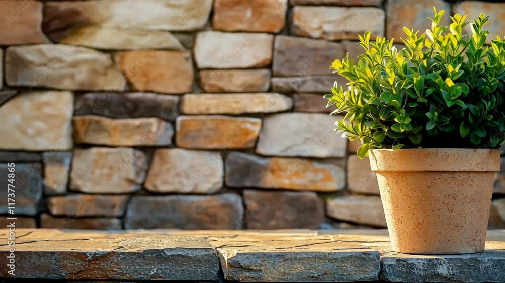 Potted green plant next to stone wall with warm lighting in a cozy interior setting Potted green plant next to stone wall with warm lighting in a cozy interior setting