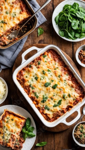 Flavorful spinach lasagna with golden crust, served in elegant dish. Surrounded by vibrant greens and tomatoes, it presents a wholesome meal idea for food lovers and recipe creators.