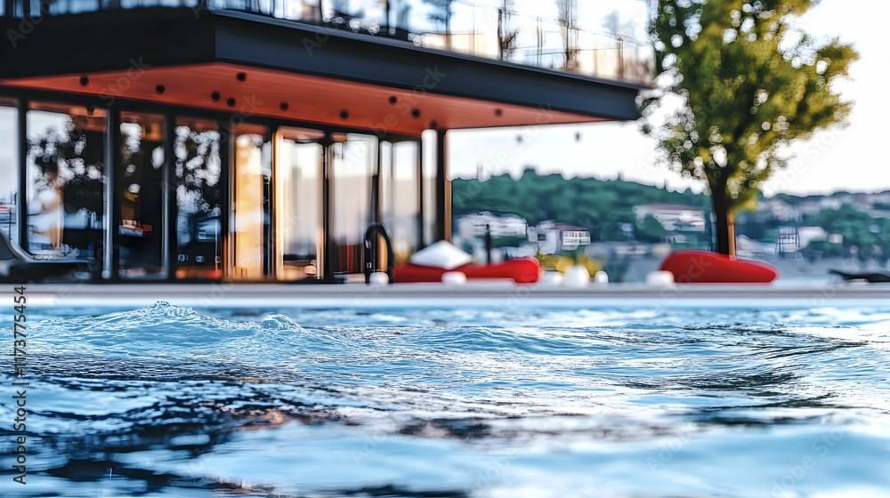 Modern villa poolside luxury sunset view. Modern villa poolside luxury sunset view.