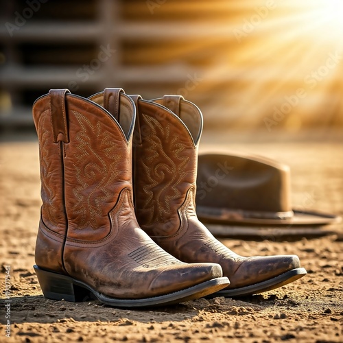 Classic cowboy boots with detailed stitching and a suede cowboy hat resting together on a wooden surface, illuminated by a warm golden background. photo