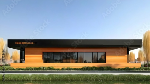 Modern wooden office building exterior design, sunny day, green landscaping, potential business use.