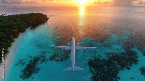 aerial photography, the modern planes outline contrasts beautifully with a stunning tropical sunset, where serene waters reflect the islands photo