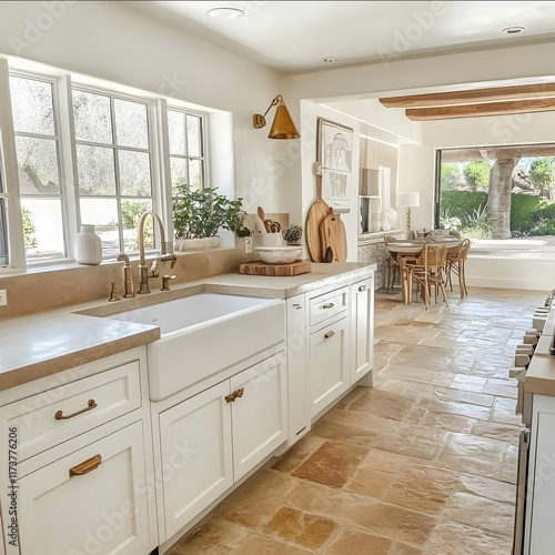 Home Kitchen with beige slate stone counter tops kitchen island with beigh slate stone counter top white kitchen cabinets bronze gold handles and hardware farmhouse st photo