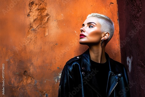 Young caucasian woman with short blonde hair posing against textured wall in leather jacket photo