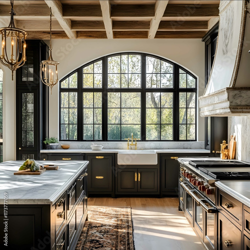 english inspired kitchen with dark cabinets and lots of dark windows arched range alcove school house lighting marble countertops slab marble backsplash morning light photo