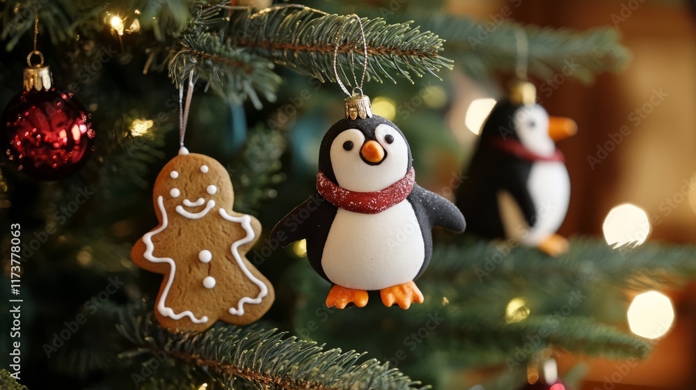 Penguins and Gingerbread decorating a Christmas tree Penguins and Gingerbread decorating a Christmas tree