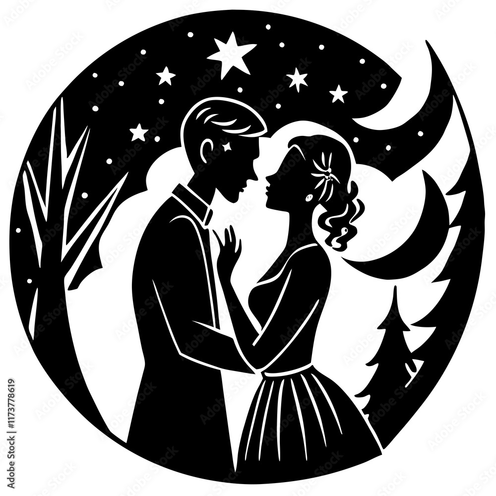 Romantic Couple Silhouette Vector Design in Moonlit Forest Romantic Couple Silhouette Vector Design in Moonlit Forest