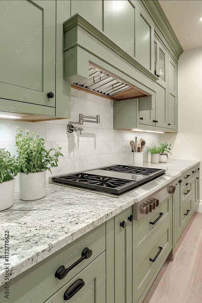 Create a professional image of a Scandinavian kitchen featuring soft sage green cabinetry wide shot to capture the entire kitchen The countertops should be made of gra Create a professional image of a Scandinavian kitchen featuring soft sage green cabinetry wide shot to capture the entire kitchen The countertops should be made of gra