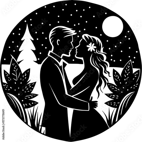 Romantic Couple Silhouette Vector Design in Moonlit Forest