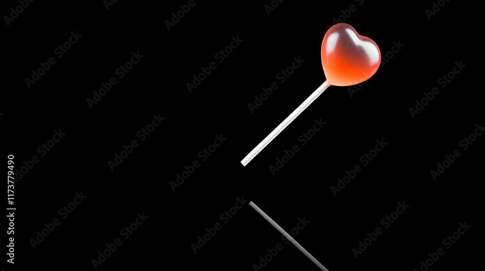 Red heart lollipop on black background, reflection, sweet treat, Valentine's Day, candy. Red heart lollipop on black background, reflection, sweet treat, Valentine's Day, candy.