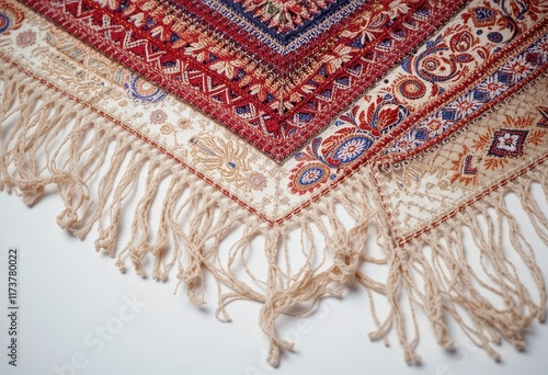 Close up of a colorful patterned rug with tassels. photo