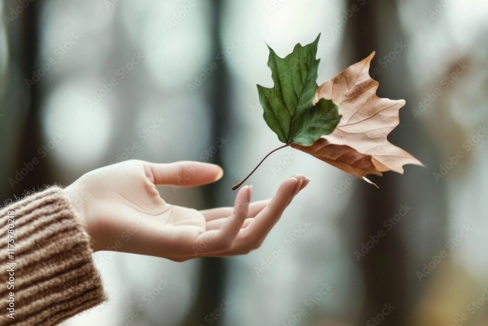 Female hand holding green and brown leaves in forest Female hand holding green and brown leaves in forest