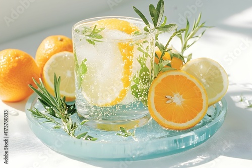 Refreshing citrus drink garnished with fresh herbs on a stylish glass plate with vibrant fruits in bright lighting photo