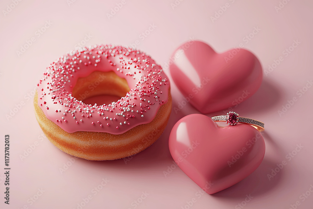 Pink donut, sprinkles, two hearts, and a ring. Pink donut, sprinkles, two hearts, and a ring.