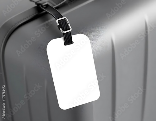 Blank Luggage Tag Attached To Grey Suitcase